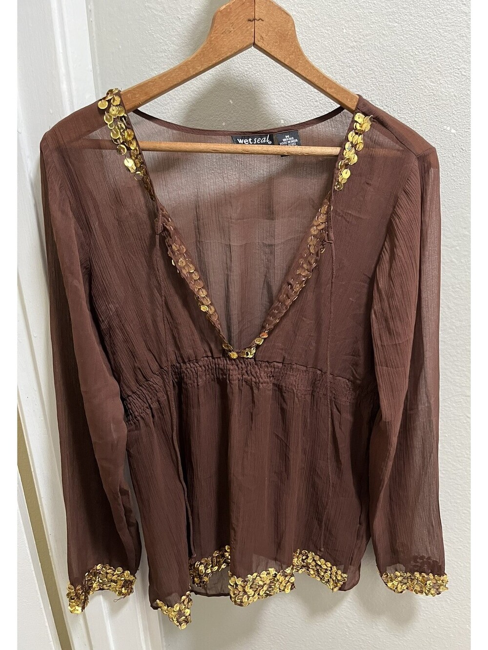 Y2K Wet Seal Brown Long Sleeve 100% Silk Sequin Blouse Top M